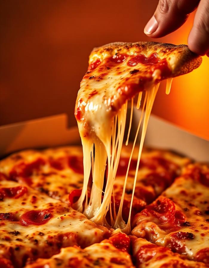 Cheesy pizza slice being pulled straight from the box