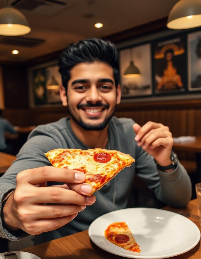 Guest taking a selfie with a fresh malai boti pizza slice